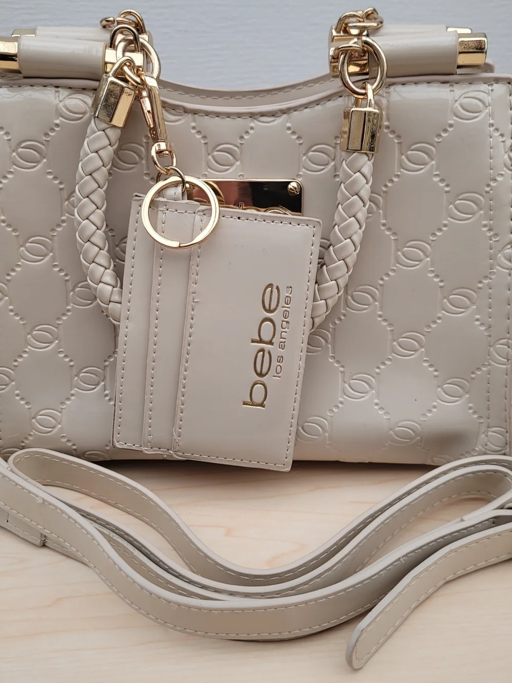 Bebe Cream Embossed Satchel Crossbody Bag – Gold Hardware Elegant Bebe handbag
